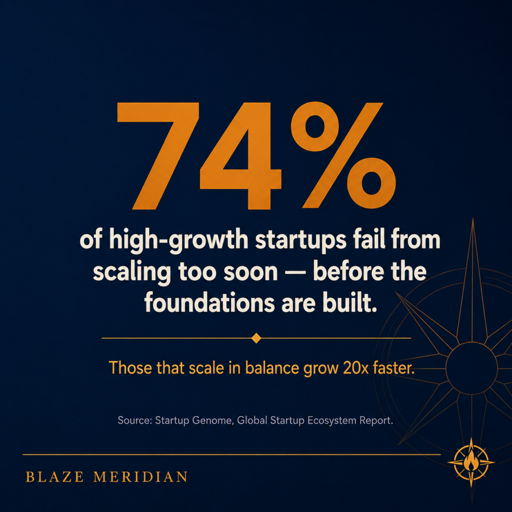 Stat card showing 74% of high-growth startups fail from scaling too soon, while those that scale in balance grow 20 times faster. - by blazemeridian