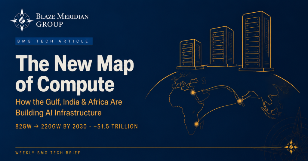 Blaze Meridian Group link-share card headlined "The New Map of Compute — How the Gulf, India and Africa Are Building AI Infrastructure", with gold data centre tower icons on a navy background.