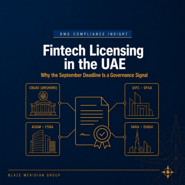 Blaze Meridian Group header reading "Fintech Licensing in the UAE — Why the September Deadline Is a Governance Test", with a gold licence-and-seal diagram linking four regulatory zones on a navy background.