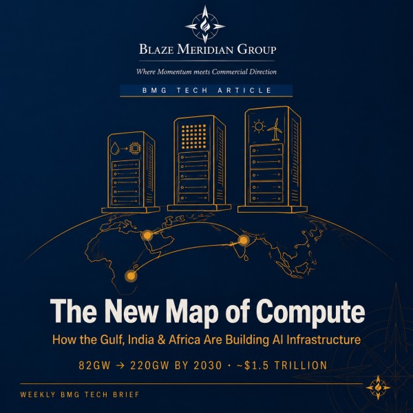 The New Map of Compute" on a navy background, showing three gold line-drawn data centre towers above a world-map arc connecting the Gulf, India and Africa, with the stat "82GW to 220GW by 2030