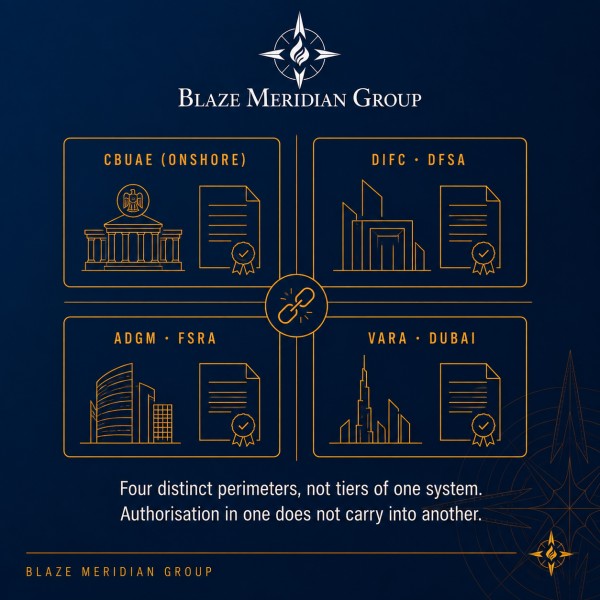 Gold line diagram of four separate UAE regulatory perimeters — CBUAE onshore, DIFC/DFSA, ADGM/FSRA and VARA Dubai — shown as distinct non-overlapping zones with no mutual recognition between them.