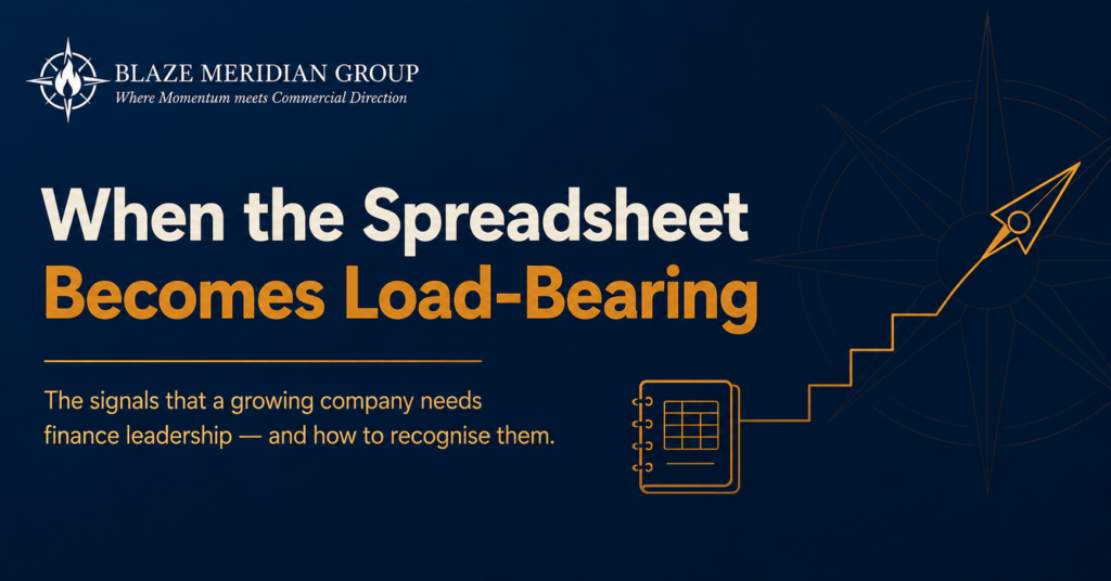 Navy and gold Blaze Meridian article header for "When the Spreadsheet Becomes Load-Bearing," with a ledger icon transitioning into a forward-pointing compass needle.