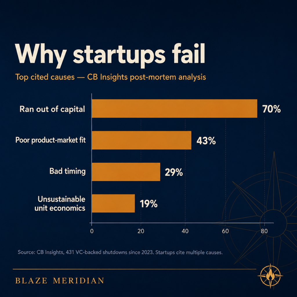 Bar chart of the top cited causes of startup failure: ran out of capital 70%, poor product-market fit 43%, bad timing 29%, unsustainable unit economics 19%. - by blazemeridian