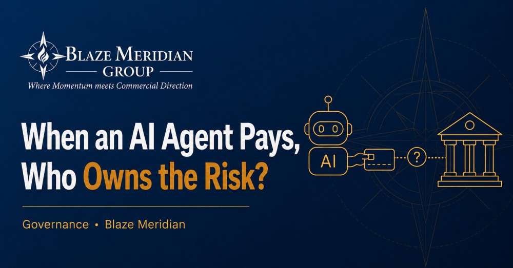 Abstract navy and gold illustration of an AI agent connected to a payment card, with a gap in the connecting line representing unresolved accountability in agentic payments.