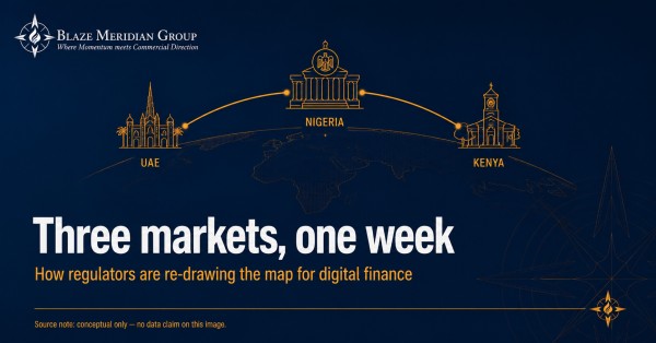 Three markets one week — UAE, Nigeria and Kenya digital finance regulation in 2026, showing VARA, CBN and CBK oversight structures, Blaze Meridian Group briefing.