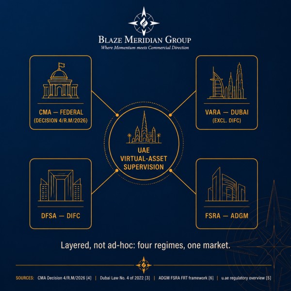 UAE virtual asset regulation diagram showing CMA, VARA, DFSA and FSRA jurisdictions for fintech and crypto licensing across Dubai, DIFC and ADGM.