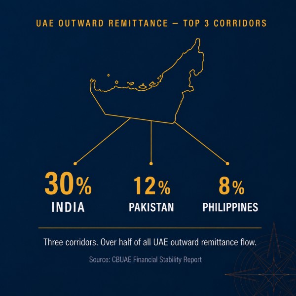 UAE remittance corridor infographic — India 30%, Pakistan 12%, Philippines 8%
of outward flows, relevance to Jaywan and RuPay-Aani interlinking, Blaze Meridian Group.